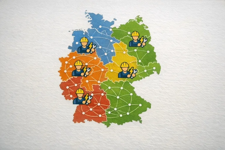 Deutschlandkarte mit bundesweiten Einsatzgebieten von Zankl Elektro für Elektriker-Service in ganz Deutschland.