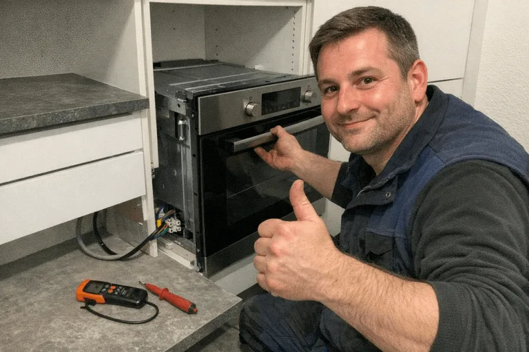 Ein Elektriker installiert einen Einbauofen in einer Küche und zeigt lächelnd Daumen hoch.