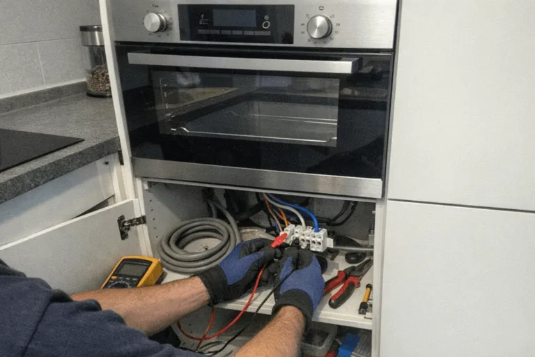 Elektriker prüft den Anschluss eines modernen Einbaubackofens in einer Küche