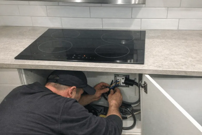 Leuchtendes Induktionskochfeld, darunter ein Elektriker bei der Arbeit am elektrischen Anschluss unter der Arbeitsplatte.