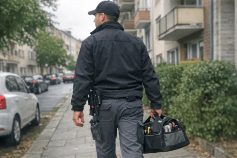 Elektriker mit Werkzeug vor unscharfer Stadtkulisse in München für lokale Elektroservices.