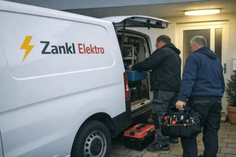 Zankl Elektro Team bei echtem Elektriker-Einsatz vor Servicefahrzeug vor Ort