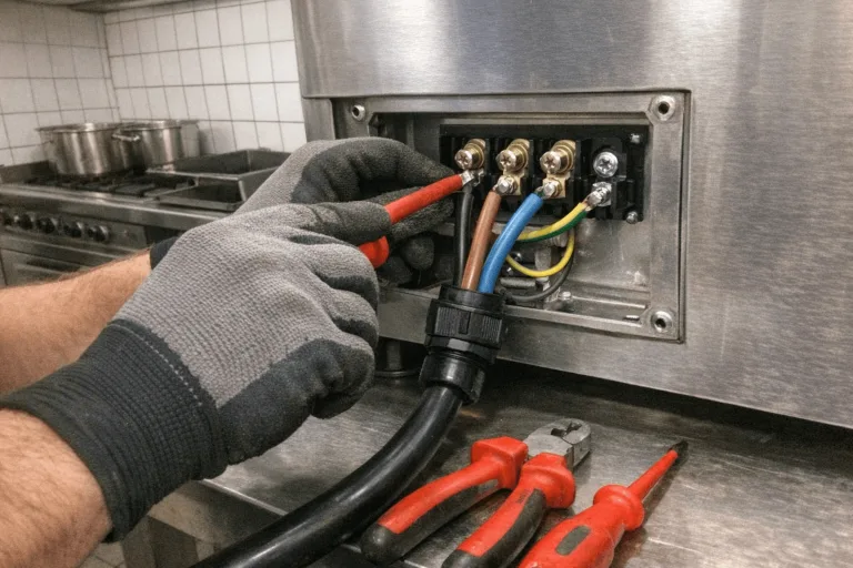 Elektriker verkabelt großen Industrieofen in einer Gewerbeküche in Bergheim.