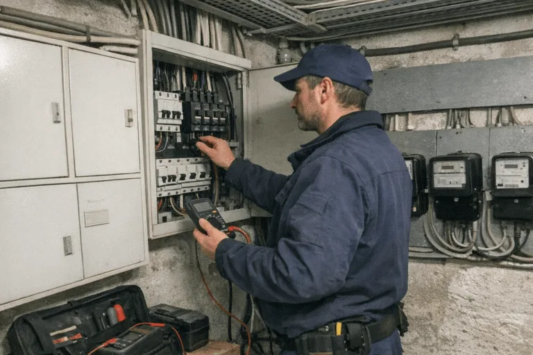 Elektriker prüft einen Hauptverteiler im Keller eines Mehrfamilienhauses
