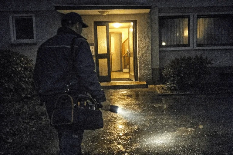 Elektriker mit Taschenlampe und Werkzeugtasche vor Wohnhaus bei Nacht in Bergheim